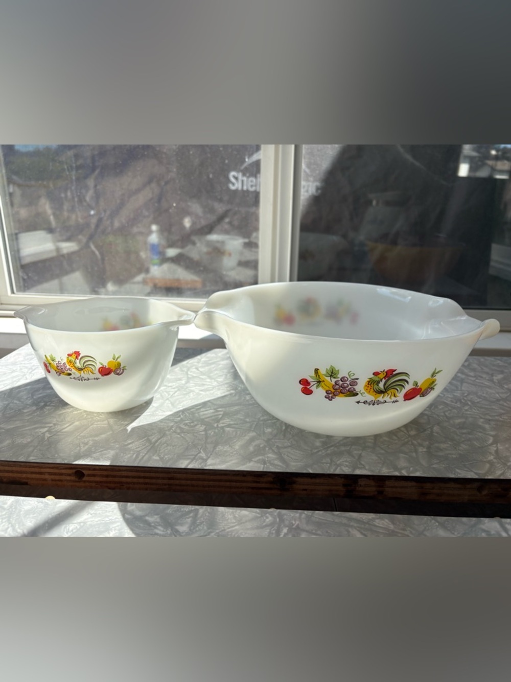 Fire King Milk Glass Mixing Bowls with Multicolor Rooster Fruit Motif